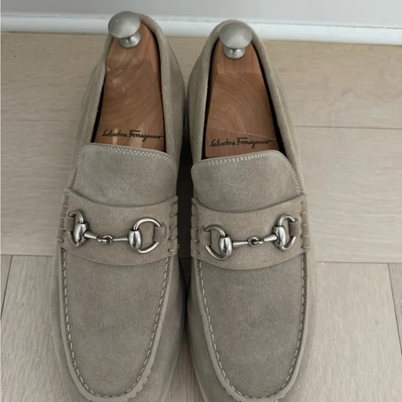 Gucci Beige Suede Loafers with Silver Accent
